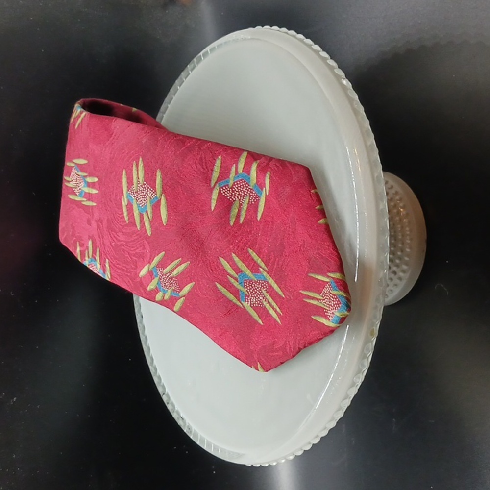 ALBERT NIPON  100% Silk Tie Burgandy Background W/ Teal, Green & Yellow Designs